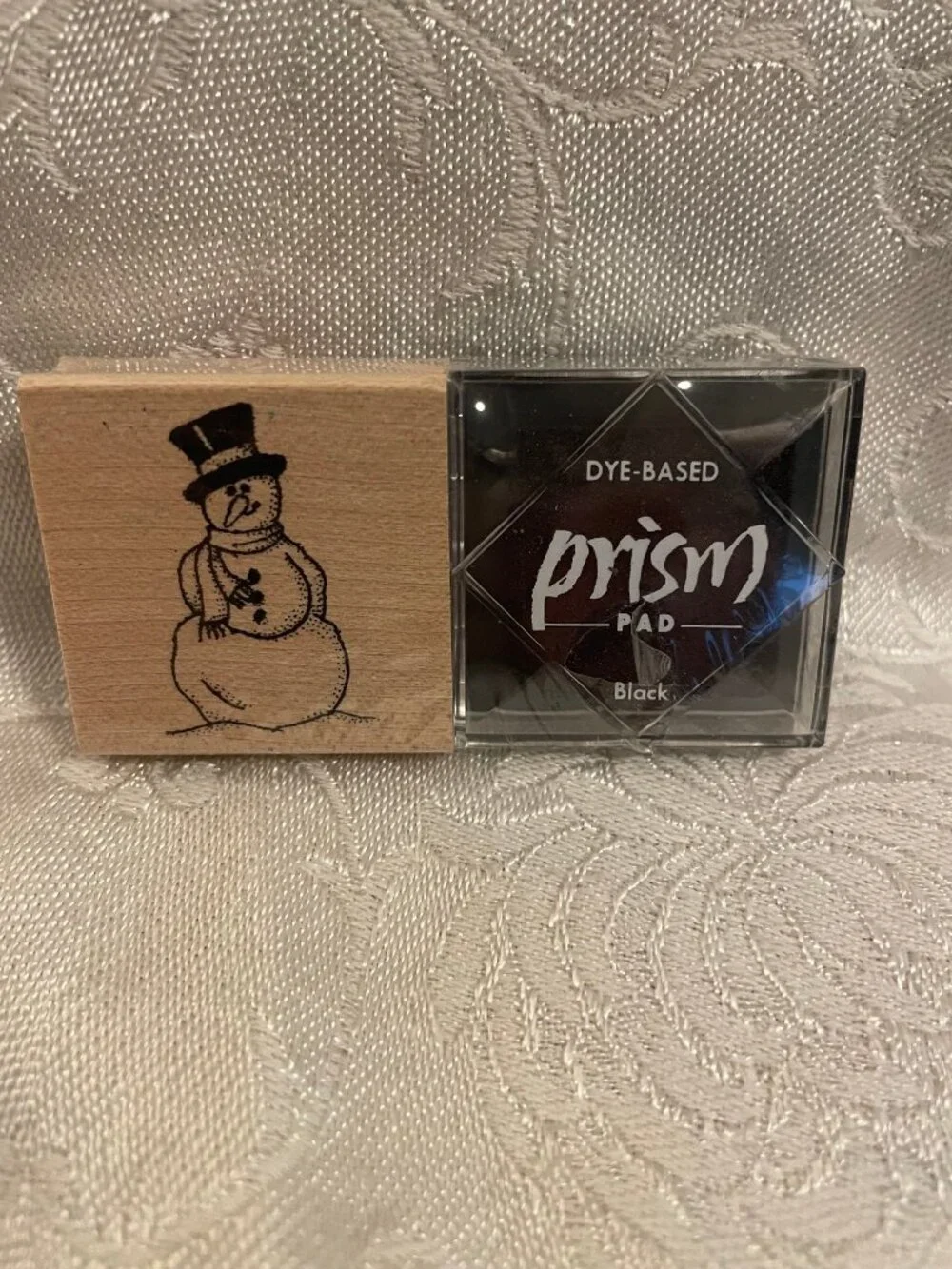 1996 Rubber Stampede Snowman Stamp with Wood Top and Black Prism Ink Pad Set New